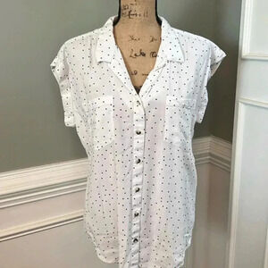 White Button-Up Blouse with Black Polka Dots - Size Large